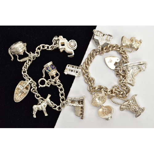 44 - A SILVER CHARM BRACELET WITH A WHITE METAL BRACELET AND WHITE METAL CHARMS, a silver curb link brace... 