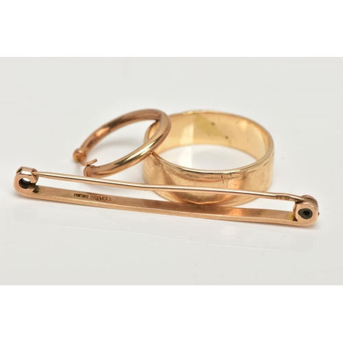 48 - A 9CT GOLD BAND RING AND YELLOW METAL BAR BROOCH AND EARRING, a plain polished courted yellow gold, ... 