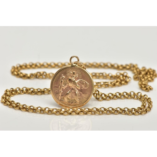 49 - A 9CT GOLD ST CHRISTOPHER NECKLACE, a circular St Christopher pendant, suspended from a long belcher... 