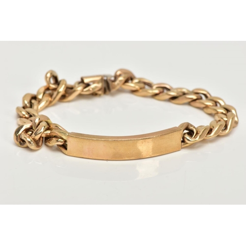 50 - A 9CT GOLD IDENTITY BRACELET, a yellow gold flat curb link bracelet, fitted with a hollow identity t... 