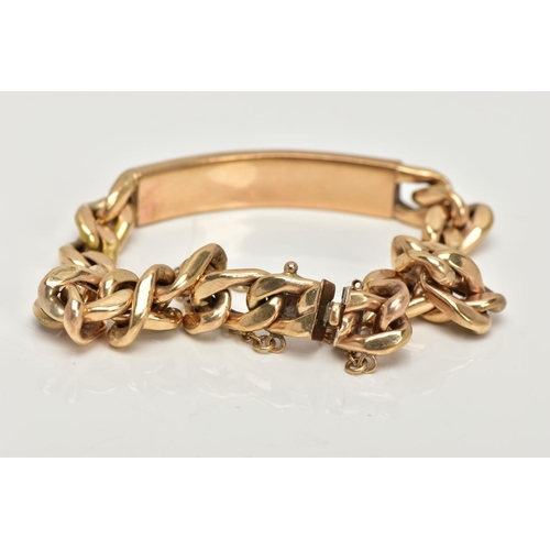 50 - A 9CT GOLD IDENTITY BRACELET, a yellow gold flat curb link bracelet, fitted with a hollow identity t... 