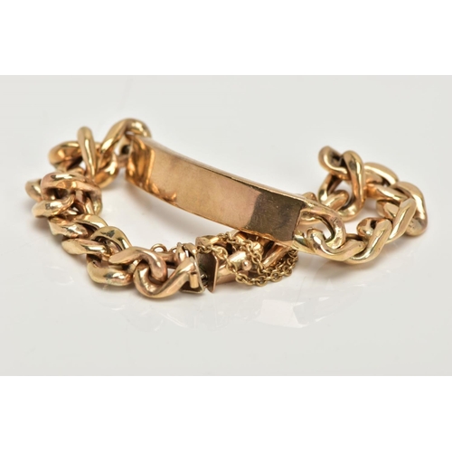 50 - A 9CT GOLD IDENTITY BRACELET, a yellow gold flat curb link bracelet, fitted with a hollow identity t... 