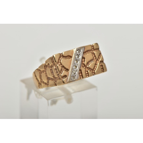 51 - A 9CT GOLD DIAMOND SIGNET RING, a yellow gold rectangular signet ring, textured detail with a diagon... 