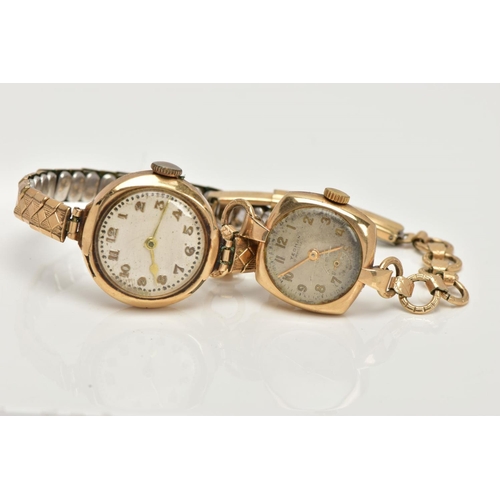 56 - TWO 9CT GOLD LADIES WRISTWATCHES, the first with a hand wound movement (non-running), round silver d... 