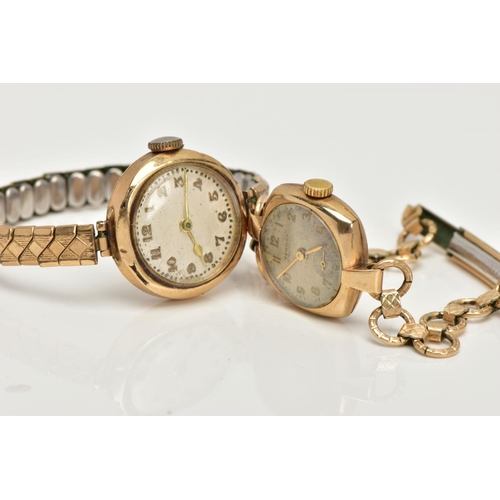 56 - TWO 9CT GOLD LADIES WRISTWATCHES, the first with a hand wound movement (non-running), round silver d... 