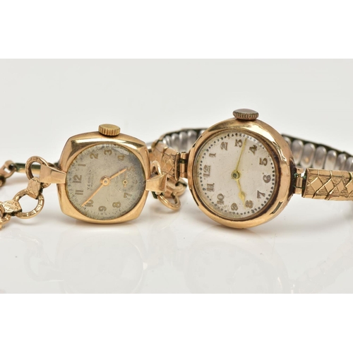 56 - TWO 9CT GOLD LADIES WRISTWATCHES, the first with a hand wound movement (non-running), round silver d... 