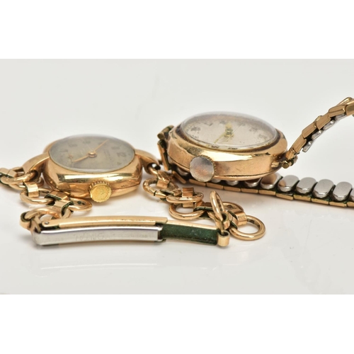 56 - TWO 9CT GOLD LADIES WRISTWATCHES, the first with a hand wound movement (non-running), round silver d... 