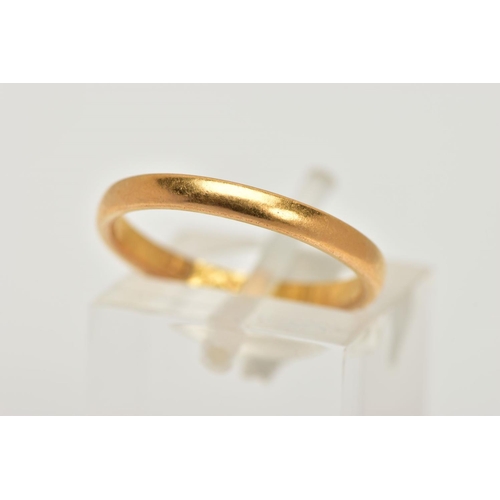 6 - A 22CT GOLD BAND RING, a plain polished courted band ring, approximate width 2mm, hallmark part worn... 