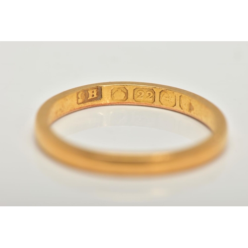 6 - A 22CT GOLD BAND RING, a plain polished courted band ring, approximate width 2mm, hallmark part worn... 