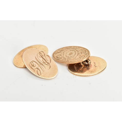 62 - A PAIR OF 9CT GOLD CUFFLINKS, a pair of oval chain link cufflinks, one side decorated with an engrav... 