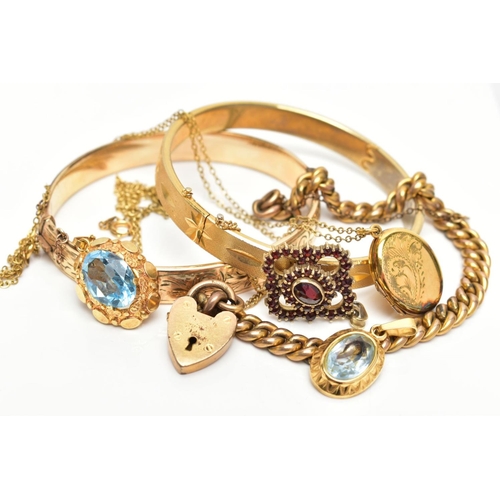 63 - SEVEN PIECES OF GOLD-PLATED JEWELLERY, to include a hinged bangle decorated with a floral engraving,... 