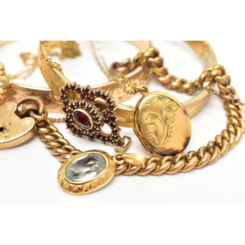 63 - SEVEN PIECES OF GOLD-PLATED JEWELLERY, to include a hinged bangle decorated with a floral engraving,... 