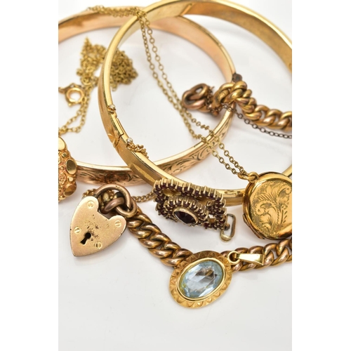 63 - SEVEN PIECES OF GOLD-PLATED JEWELLERY, to include a hinged bangle decorated with a floral engraving,... 