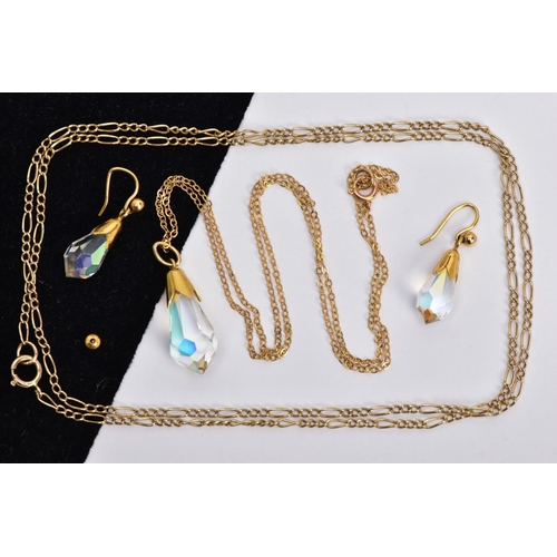 7 - A 9CT GOLD CRYSTAL NECKLACE AND EARRING SET AND A YELLOW METAL CHAIN, a briolette faceted crystal ne... 