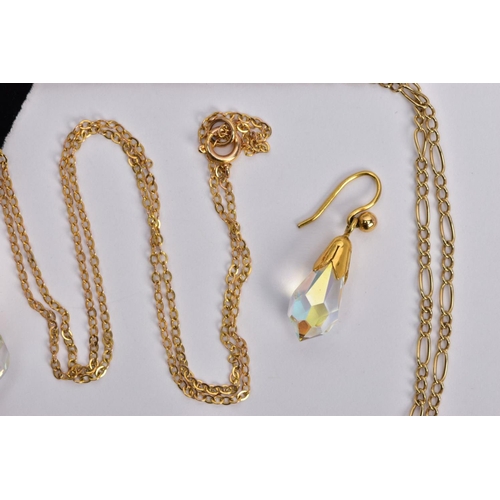 7 - A 9CT GOLD CRYSTAL NECKLACE AND EARRING SET AND A YELLOW METAL CHAIN, a briolette faceted crystal ne... 