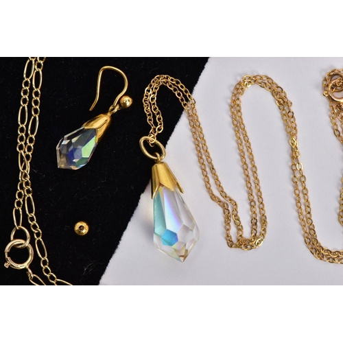 7 - A 9CT GOLD CRYSTAL NECKLACE AND EARRING SET AND A YELLOW METAL CHAIN, a briolette faceted crystal ne... 