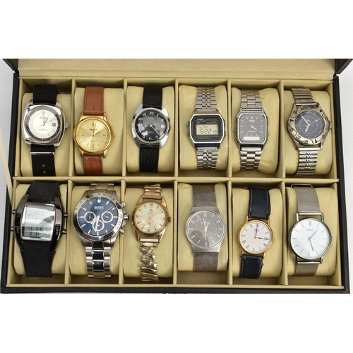 70 - A WATCH DISPLAY CASE WITH WATCHES, black faux leather case with twelve watch storage spaces and twel... 