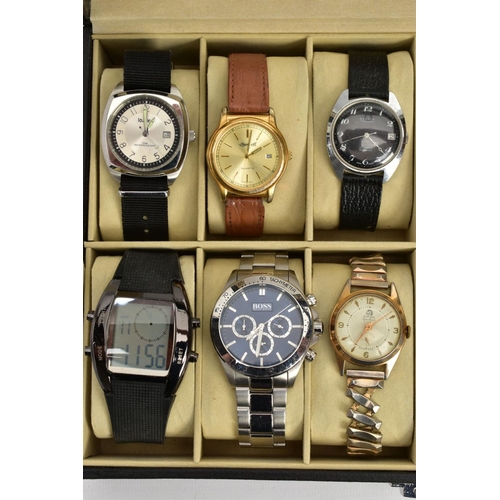 70 - A WATCH DISPLAY CASE WITH WATCHES, black faux leather case with twelve watch storage spaces and twel... 