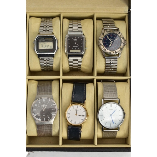 70 - A WATCH DISPLAY CASE WITH WATCHES, black faux leather case with twelve watch storage spaces and twel... 