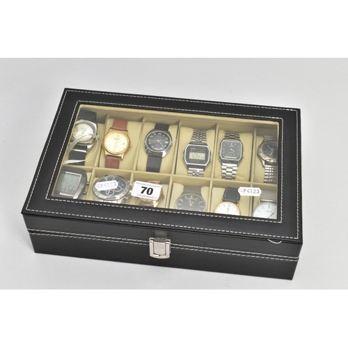 70 - A WATCH DISPLAY CASE WITH WATCHES, black faux leather case with twelve watch storage spaces and twel... 