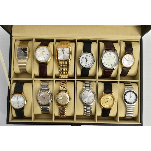 71 - A WATCH DISPLAY CASE WITH WATCHES, black faux leather case with twelve watch storage spaces and twel... 