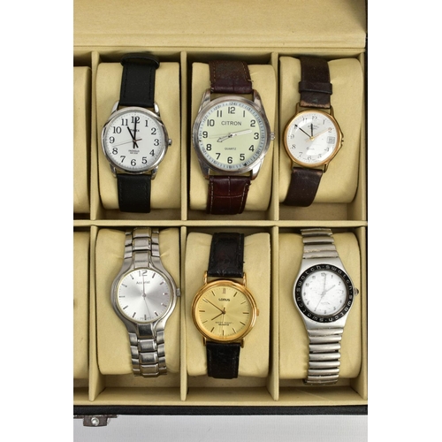 71 - A WATCH DISPLAY CASE WITH WATCHES, black faux leather case with twelve watch storage spaces and twel... 