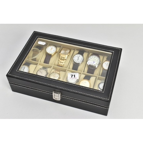 71 - A WATCH DISPLAY CASE WITH WATCHES, black faux leather case with twelve watch storage spaces and twel... 