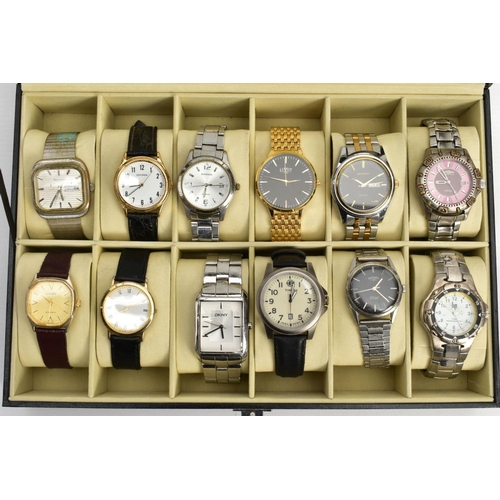 72 - A WATCH DISPLAY CASE WITH WATCHES, black faux leather case with twelve watch storage spaces and twel... 