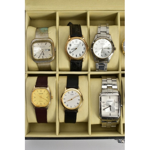 72 - A WATCH DISPLAY CASE WITH WATCHES, black faux leather case with twelve watch storage spaces and twel... 