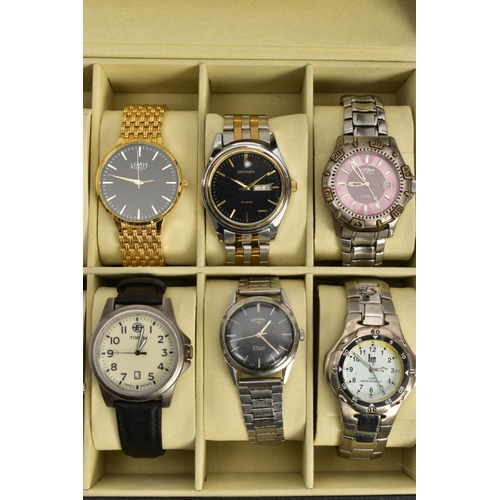 72 - A WATCH DISPLAY CASE WITH WATCHES, black faux leather case with twelve watch storage spaces and twel... 