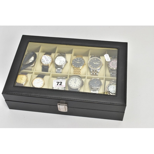 72 - A WATCH DISPLAY CASE WITH WATCHES, black faux leather case with twelve watch storage spaces and twel... 