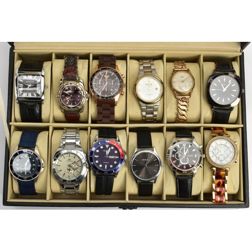 73 - A WATCH DISPLAY CASE WITH WATCHES, black faux leather case with twelve watch storage spaces and twel... 