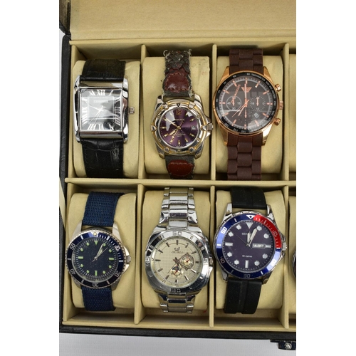 73 - A WATCH DISPLAY CASE WITH WATCHES, black faux leather case with twelve watch storage spaces and twel... 