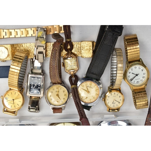 74 - FOUR SMALL PLASTIC BOXES OF LADIES AND GENTS WRISTWATCHES, to include a gents hand wound 'Bentima' (... 