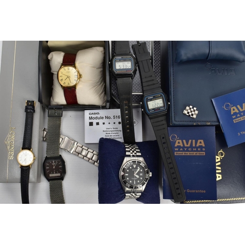 75 - A SELECTION OF WRISTWATCHES, the first with a gents round black dial signed 'Avia', spot and baton m... 