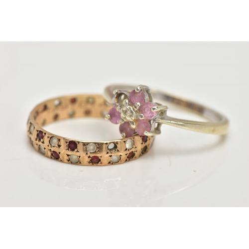 77 - THREE YELLOW METAL RINGS, to include a full eternity ring set with garnets and colourless spinels, h... 