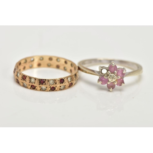 77 - THREE YELLOW METAL RINGS, to include a full eternity ring set with garnets and colourless spinels, h... 