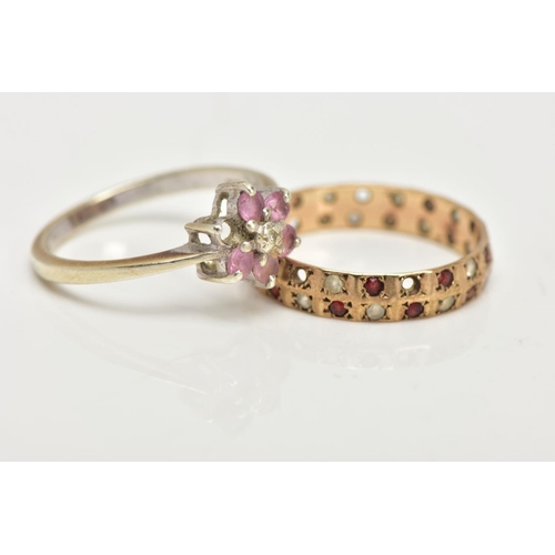 77 - THREE YELLOW METAL RINGS, to include a full eternity ring set with garnets and colourless spinels, h... 