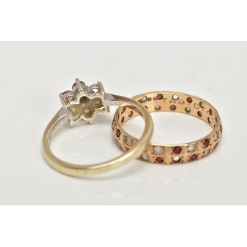 77 - THREE YELLOW METAL RINGS, to include a full eternity ring set with garnets and colourless spinels, h... 