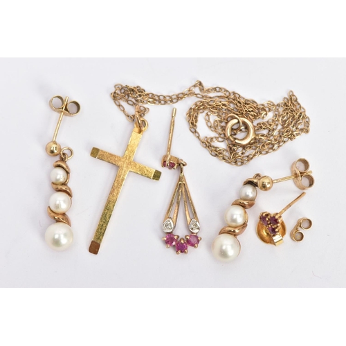 79 - A PAIR OF CULTURED PEARL EARRINGS, A CROSS PENDANT WITH CHAIN AND TWO OTHER EARRINGS, the cultured p... 