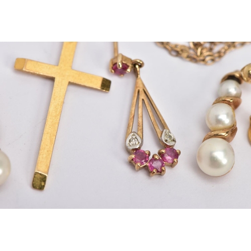 79 - A PAIR OF CULTURED PEARL EARRINGS, A CROSS PENDANT WITH CHAIN AND TWO OTHER EARRINGS, the cultured p... 