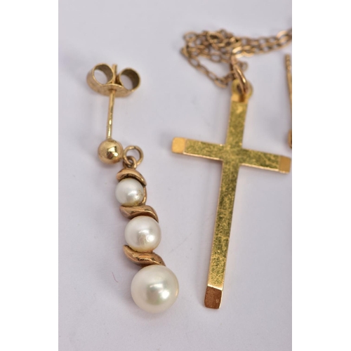 79 - A PAIR OF CULTURED PEARL EARRINGS, A CROSS PENDANT WITH CHAIN AND TWO OTHER EARRINGS, the cultured p... 