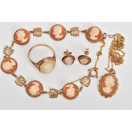 8 - AN ASSORTMENT OF 9CT GOLD CAMEO JEWELLERY, to include a bracelet comprised of six circular shell cam... 