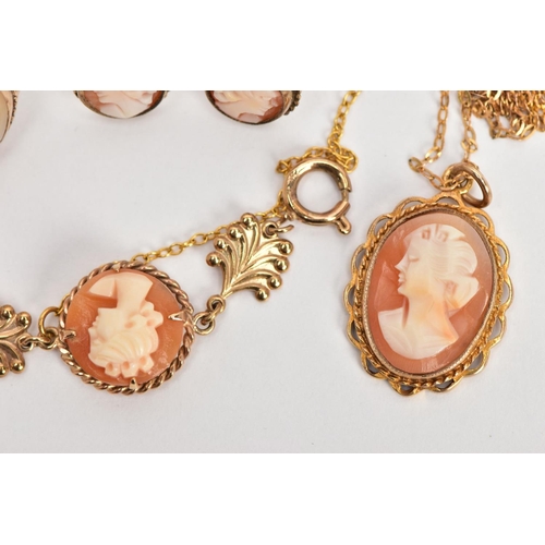 8 - AN ASSORTMENT OF 9CT GOLD CAMEO JEWELLERY, to include a bracelet comprised of six circular shell cam... 