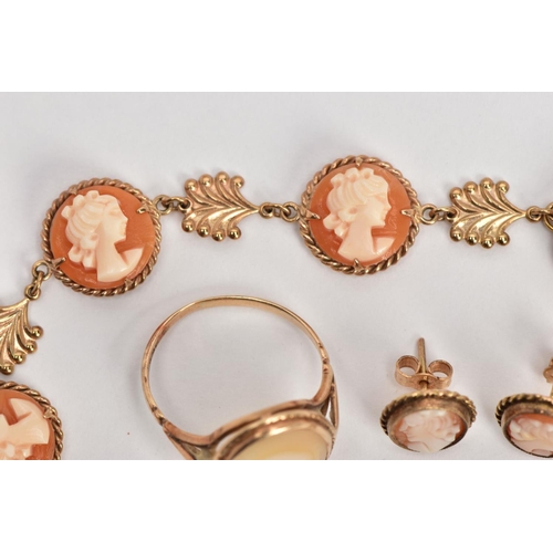 8 - AN ASSORTMENT OF 9CT GOLD CAMEO JEWELLERY, to include a bracelet comprised of six circular shell cam... 