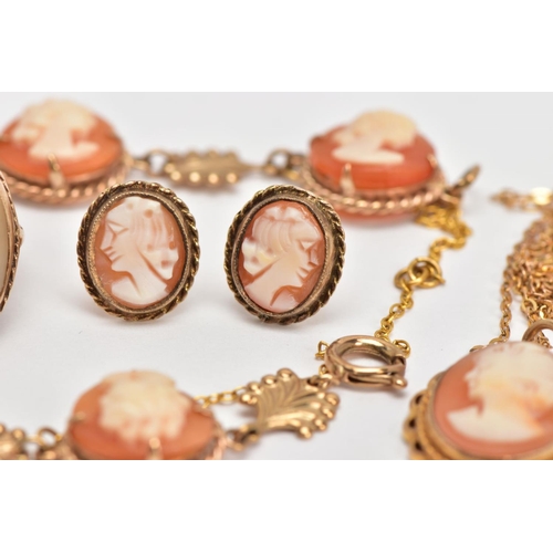 8 - AN ASSORTMENT OF 9CT GOLD CAMEO JEWELLERY, to include a bracelet comprised of six circular shell cam... 