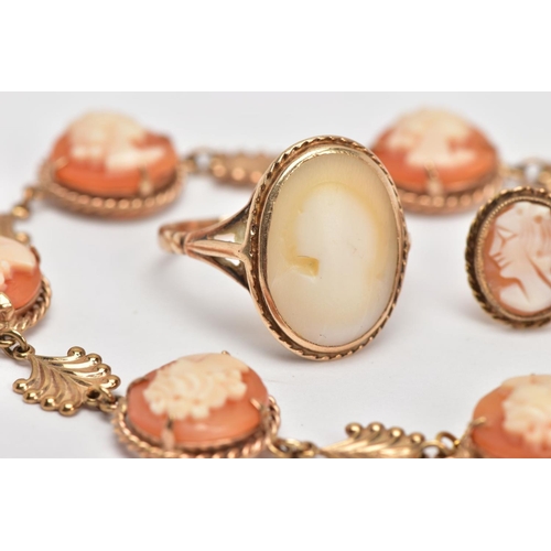 8 - AN ASSORTMENT OF 9CT GOLD CAMEO JEWELLERY, to include a bracelet comprised of six circular shell cam... 