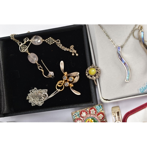 82 - A SELECTION OF SILVER AND WHITE METAL JEWELLERY AND TWO COINS, to include pendant necklaces, a white... 