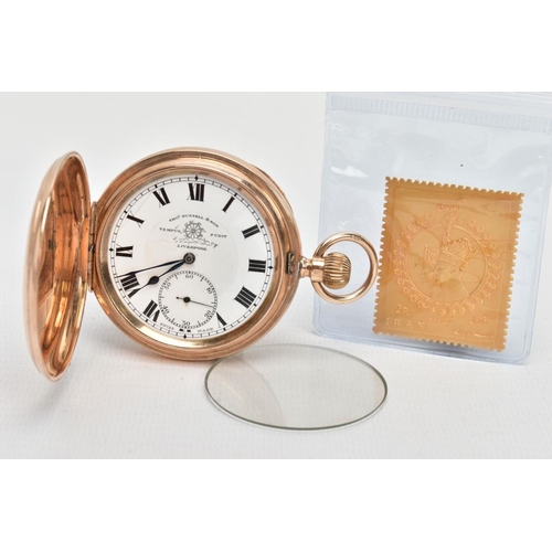 85 - A 9CT THOMAS RUSSELL & SON POCKET WATCH AND A GILT STAMP, plain polished full hunter pocket watch, r... 