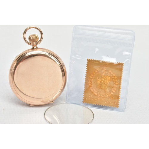 85 - A 9CT THOMAS RUSSELL & SON POCKET WATCH AND A GILT STAMP, plain polished full hunter pocket watch, r... 